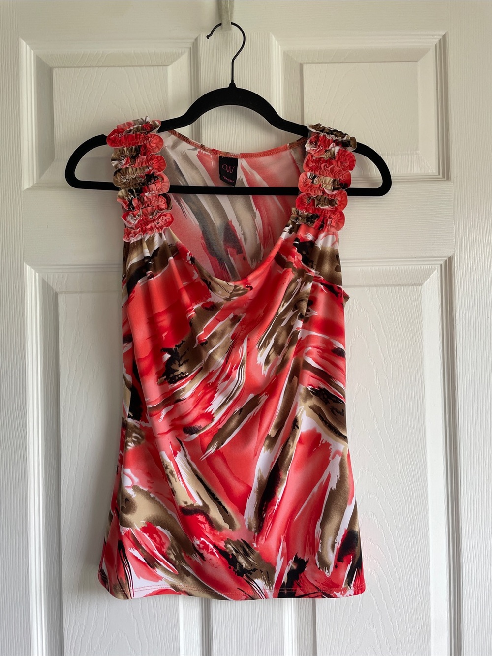 Wrapper Coral and Brown Abstract Sleeveless Ruched-Strap Top